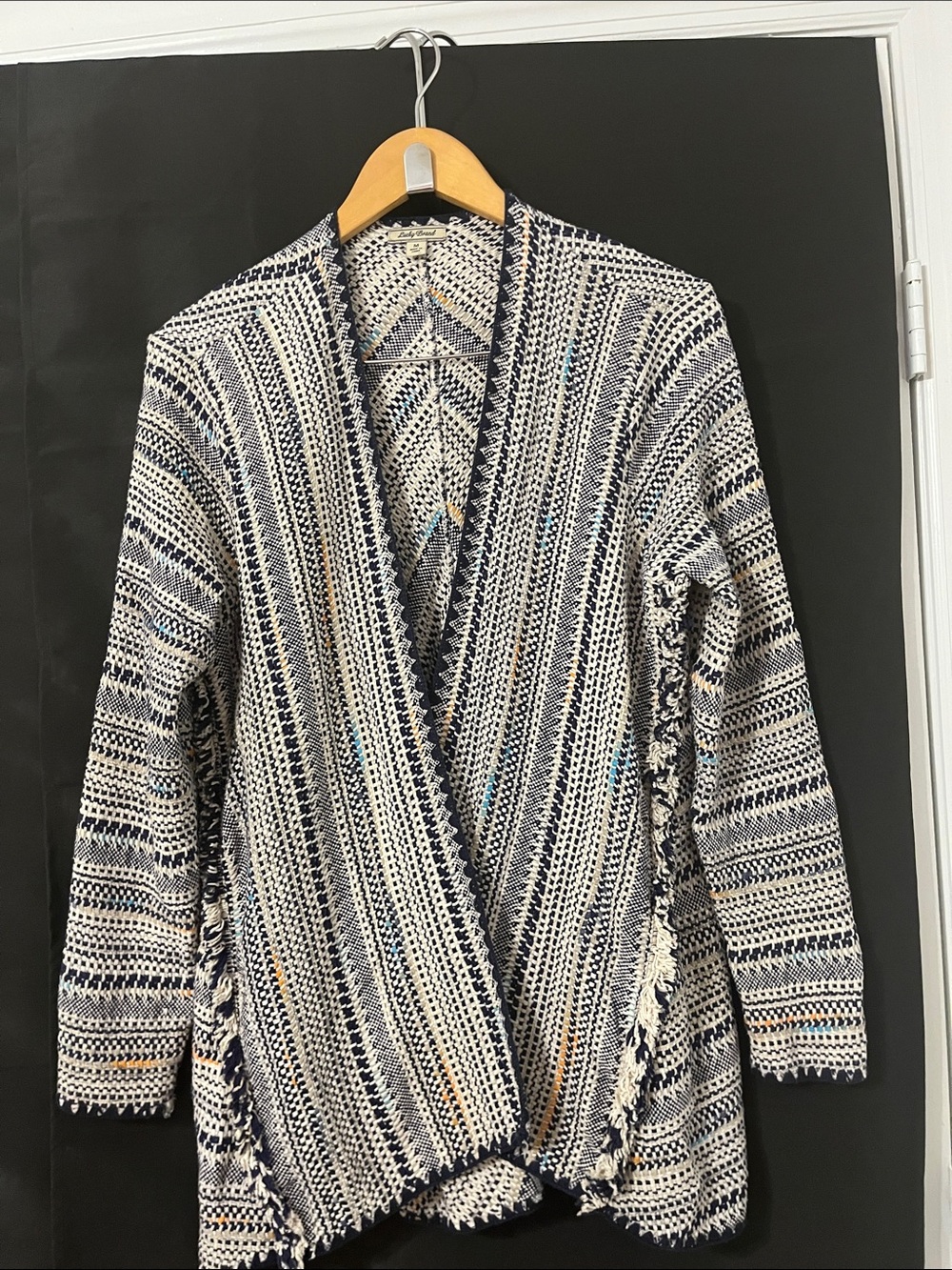 Lucky Brand Navy and White Woven Open Cardigan with Accent Stripes